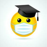 Emoji icon with academic cap and medical guard. Smiling yellow emoticon wearing a white mask. vector