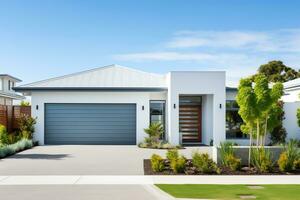 Exterior front facade of new modern Australian style home, residential architecture, AI Generated photo