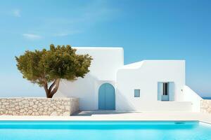 Traditional mediterranean house with swimming pool in summer vacation, AI Generated photo