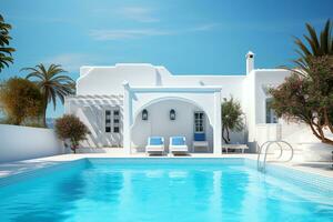 tradicional Mediterráneo casa con nadando piscina en verano vacaciones, ai generado foto