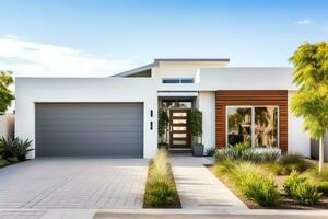 Exterior front facade of new modern Australian style home, residential architecture, AI Generated photo