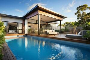 Exterior of luxury and modern beautiful minimal villa with swimming pool,AI Generated photo
