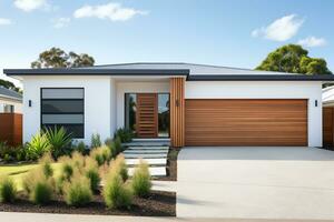 Exterior front facade of new modern Australian style home, residential architecture, AI Generated photo