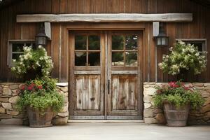 exterior de frente puerta Clásico granja estilo casa en campo, ai generado foto