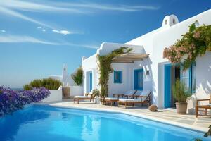 tradicional Mediterráneo casa con nadando piscina en verano vacaciones, ai generado foto