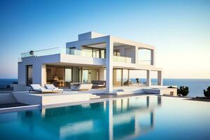 Exterior of luxury and modern beautiful minimal villa with swimming pool, AI Generated photo