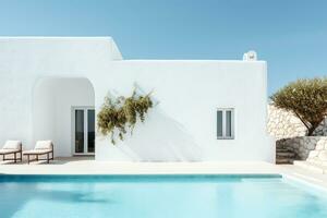 tradicional Mediterráneo casa con nadando piscina en verano vacaciones, ai generado foto