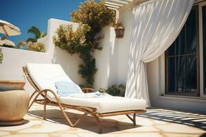 tradicional Mediterráneo casa con verano terraza cama solar, ai generado foto