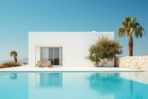 Traditional mediterranean house with swimming pool in summer vacation, AI Generated photo