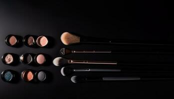 conjunto de maquillaje cepillos colección en negro fondo, productos cosméticos producto, ai generado foto