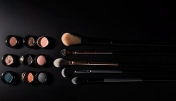 Set of makeup brushes collection on black background, cosmetics product, AI Generated photo