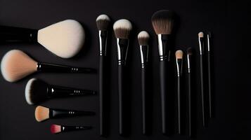 Set of makeup brushes collection on black background, cosmetics product, AI Generated photo