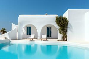 tradicional Mediterráneo casa con nadando piscina en verano vacaciones, ai generado foto