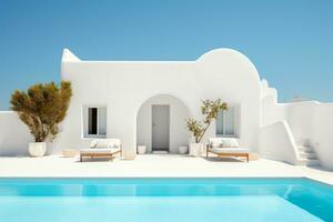 tradicional Mediterráneo casa con nadando piscina en verano vacaciones, ai generado foto