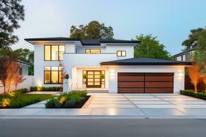 Exterior front facade of new modern American house style, residential architecture, AI Generated photo