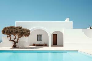 Traditional mediterranean house with swimming pool in summer vacation, AI Generated photo