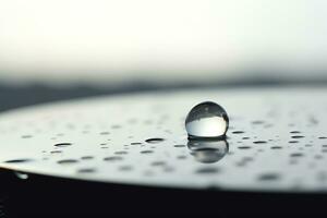 Beautiful macro of drops of transparent rain water drops on table surface, AI Generated photo