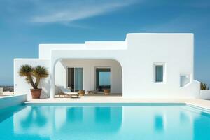 tradicional Mediterráneo casa con nadando piscina en verano vacaciones, ai generado foto