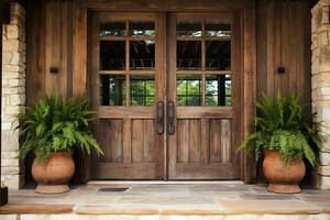 exterior de frente puerta Clásico granja estilo casa en campo, ai generado foto