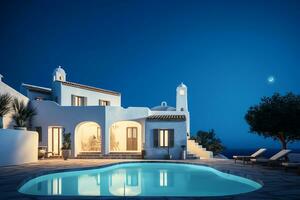 Traditional mediterranean house with swimming pool summer vacation, night time, AI Generated photo