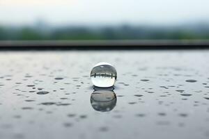 hermosa macro de gotas de transparente lluvia agua gotas en mesa superficie, ai generado foto