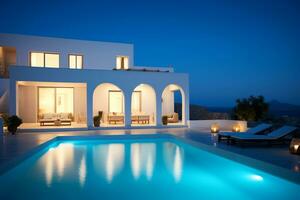 tradicional Mediterráneo casa con nadando piscina verano vacaciones, noche tiempo, ai generado foto