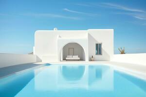 Traditional mediterranean house with swimming pool in summer vacation, AI Generated photo