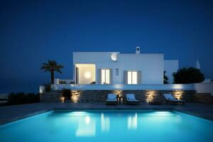tradicional Mediterráneo casa con nadando piscina verano vacaciones, noche tiempo, ai generado foto