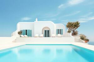 Traditional mediterranean house with swimming pool in summer vacation, AI Generated photo