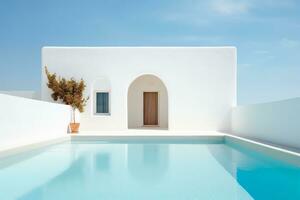 Traditional mediterranean house with swimming pool in summer vacation, AI Generated photo