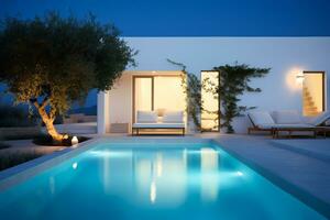 Traditional mediterranean house with swimming pool summer vacation, night time, AI Generated photo