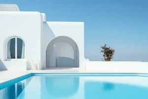 Traditional mediterranean house with swimming pool in summer vacation, AI Generated photo