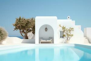 Traditional mediterranean house with swimming pool in summer vacation, AI Generated photo