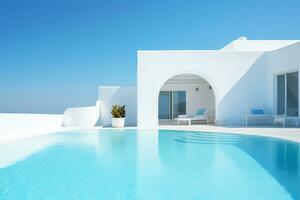 tradicional Mediterráneo casa con nadando piscina en verano vacaciones, ai generado foto