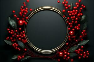 christmas frame with red berries on black background. ai generative photo