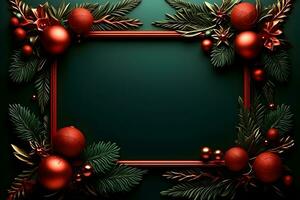 christmas frame with red balls and fir branches. ai generative photo