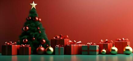 christmas tree and presents on red background. ai generative photo