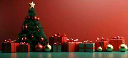 christmas tree and presents on red background. ai generative photo