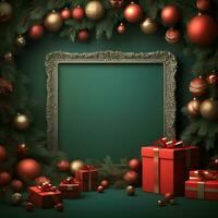 christmas frame with gifts and christmas tree on green background. ai generative photo