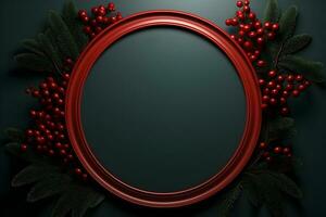 christmas frame with red berries and holly branches on dark background. ai generative photo