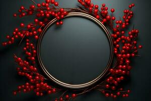 a round frame with red berries on a black background. ai generative photo