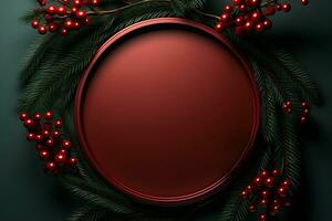 a round frame with red berries on a black background. ai generative photo