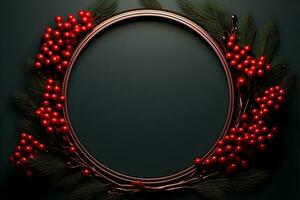 a circular frame with red berries on a dark background. ai generative photo