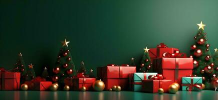 christmas tree and presents on green background. ai generative photo