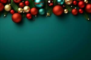 christmas background with christmas balls and fir tree. ai generative photo