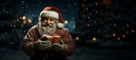 santa claus holding a gift box in front of a christmas tree. ai generative photo