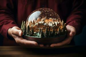 a man holding a snow globe with a city inside. ai generative photo