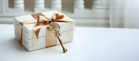 dorado llave y regalo caja en blanco antecedentes. ai generativo foto