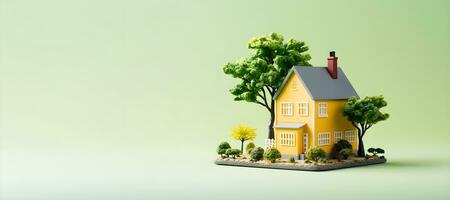 un miniatura casa con arboles y arbustos en un verde antecedentes. ai generativo foto