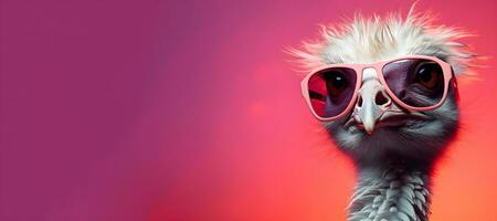 ostrich with sunglasses on pink background. ai generative photo